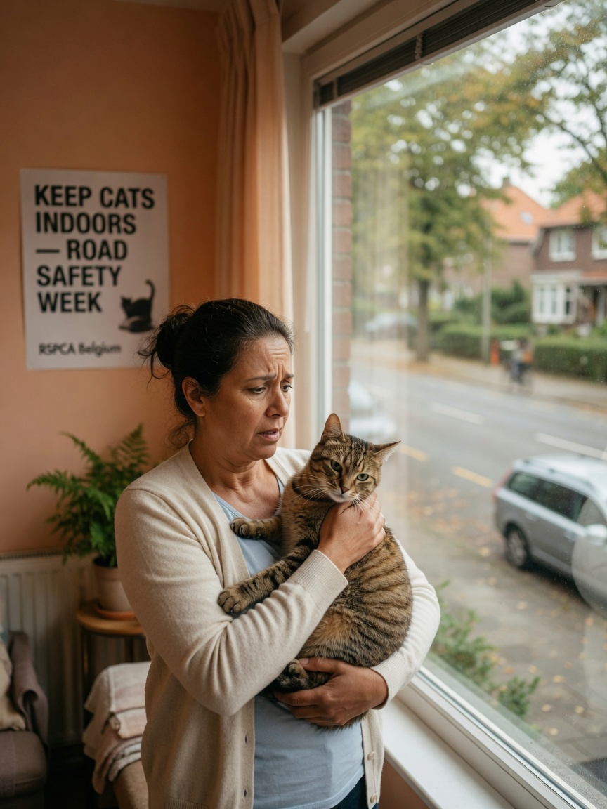 Cat owner protectively holding their indoor cat near a window, symbolizing safety from outdoor hazards like traffic