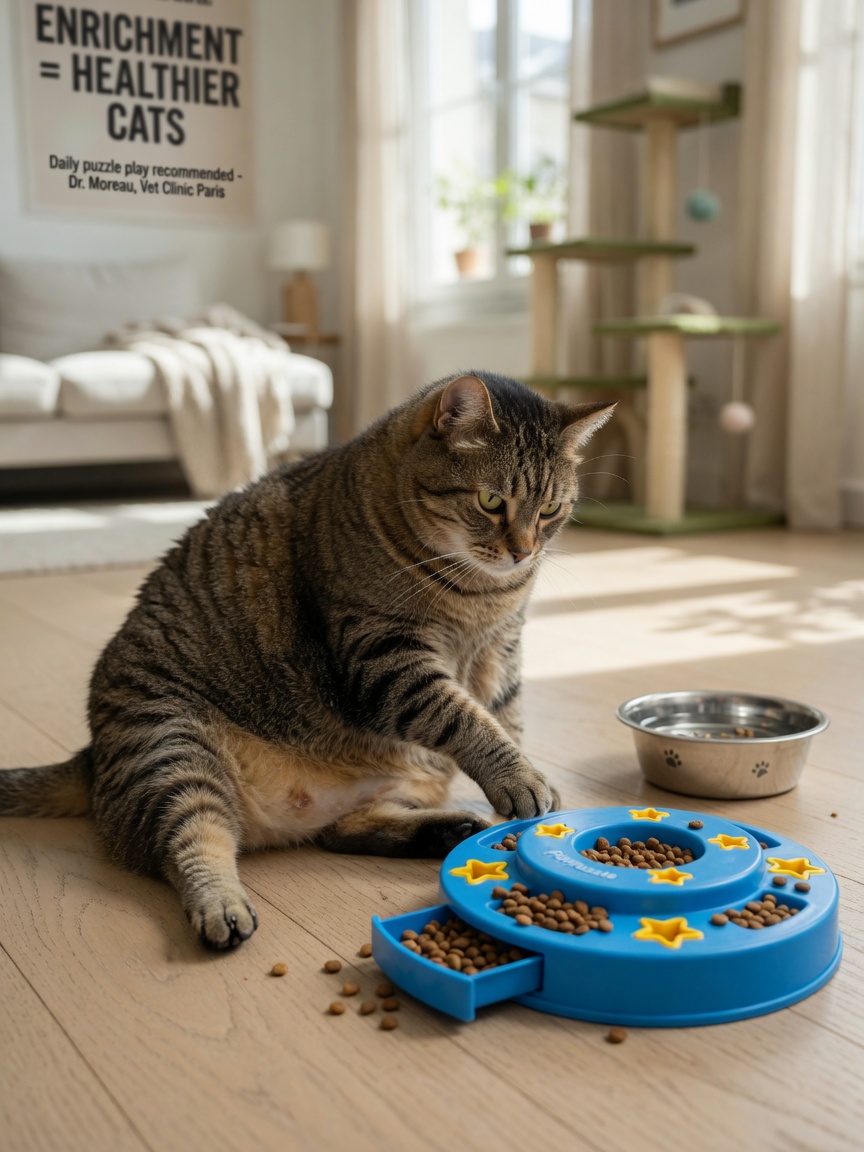 An overweight indoor cat with a puzzle feeder, illustrating obesity management and enrichment for indoor cats