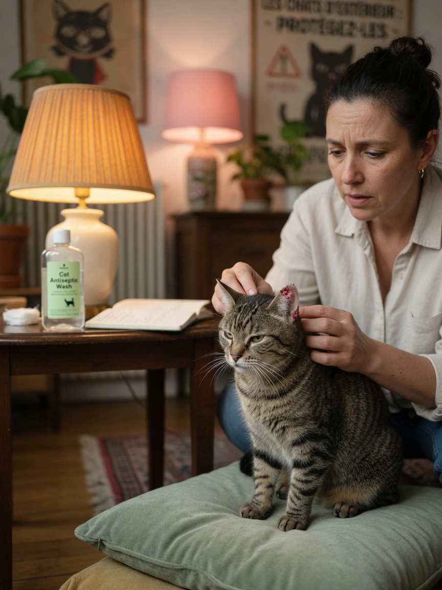 Cat owner examining outdoor wound on cat ear, illustrating risks of outdoor access