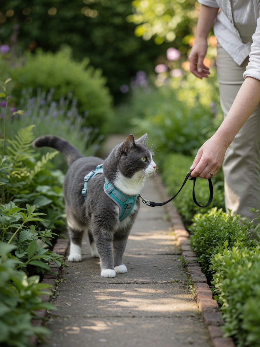 Cat on harness and lead walking with owner in garden, showing compromise between indoor and outdoor access