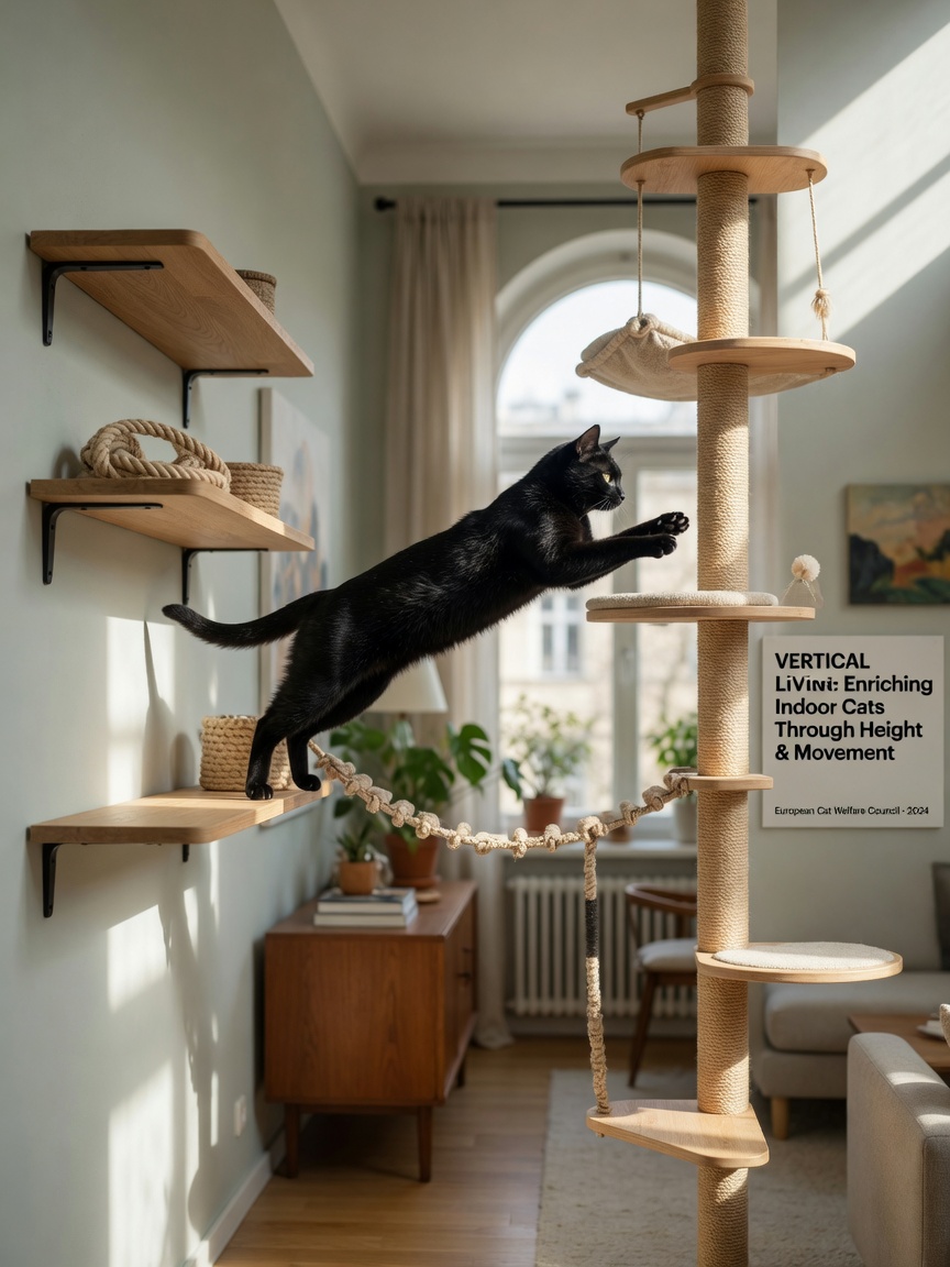Black cat leaping between wall-mounted shelves and tall cat tree in enriched indoor environment with window light