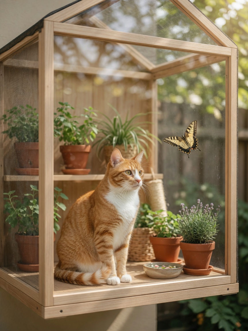 Ginger and white cat in enclosed catio structure with plants and butterfly, demonstrating safe outdoor access