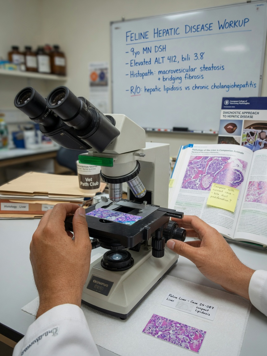 Veterinary diagnostic examination of liver tissue to investigate infectious canine hepatitis pathology