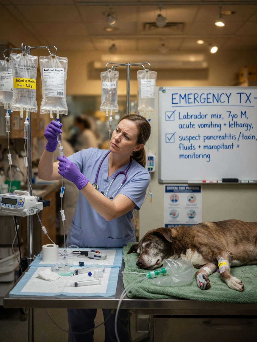 Veterinary emergency treatment setup with intravenous fluids and supportive care for critically ill dog