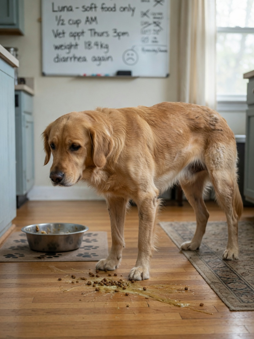 Thin, lethargic dog showing visible symptoms of chronic inflammatory bowel disease including weight loss and vomiting