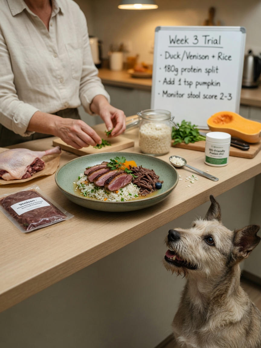 Preparing a specialized novel protein diet meal for a dog with inflammatory bowel disease