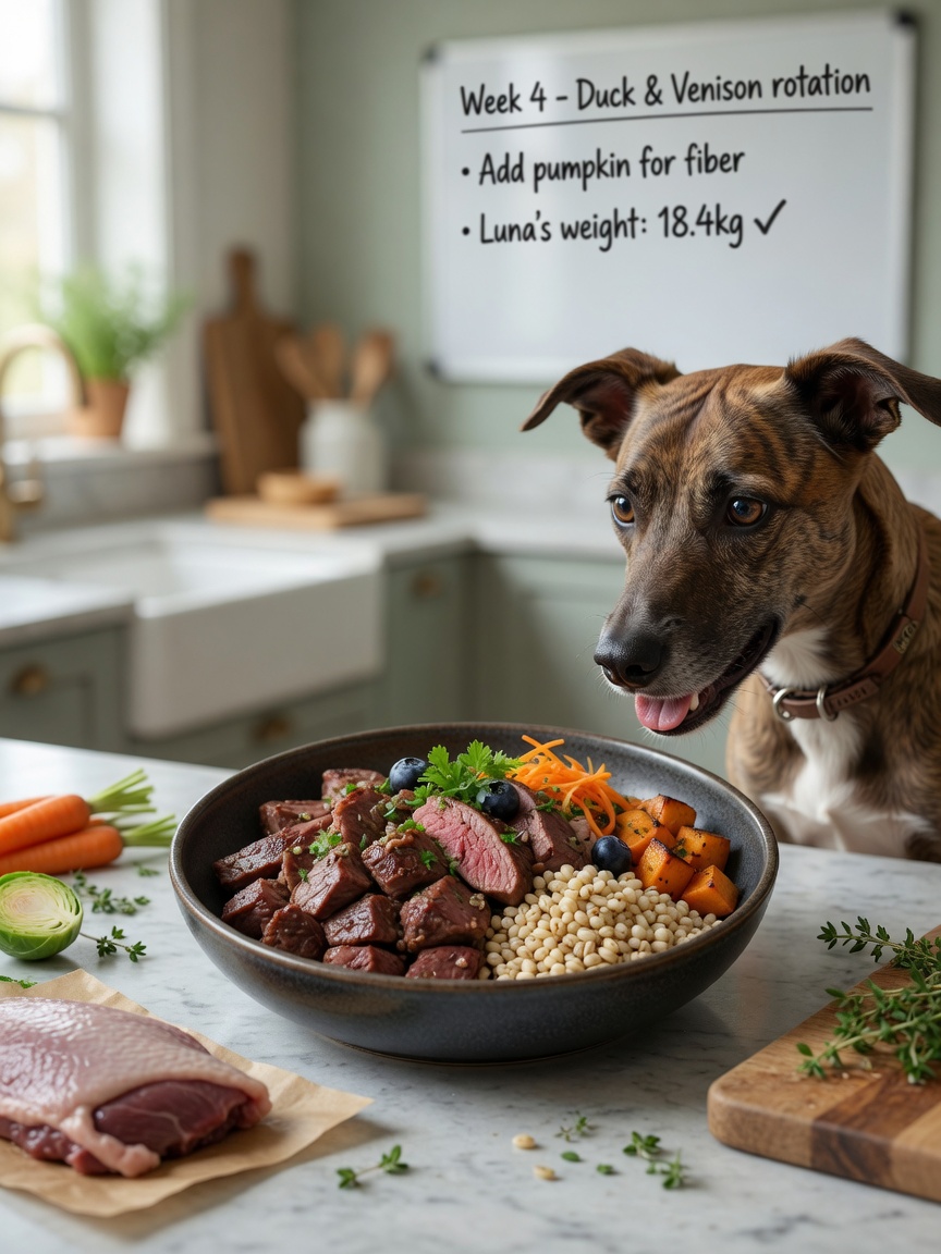 Een speciaal geformuleerd voedsel met novel protein voor honden in een kom met een gezonde hond die aandachtig toekijkt tijdens het eten