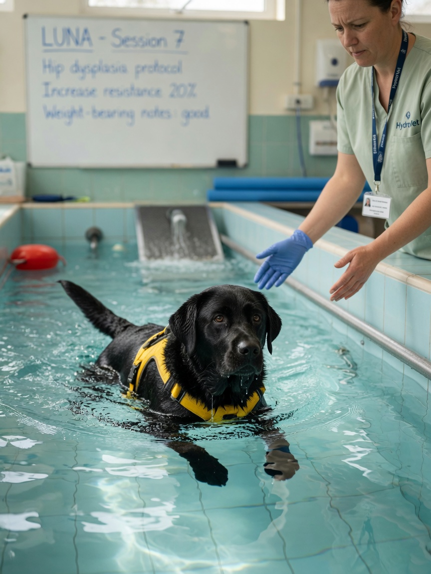 Dog receiving hydrotherapy in a veterinary rehabilitation pool with physiotherapist supervising