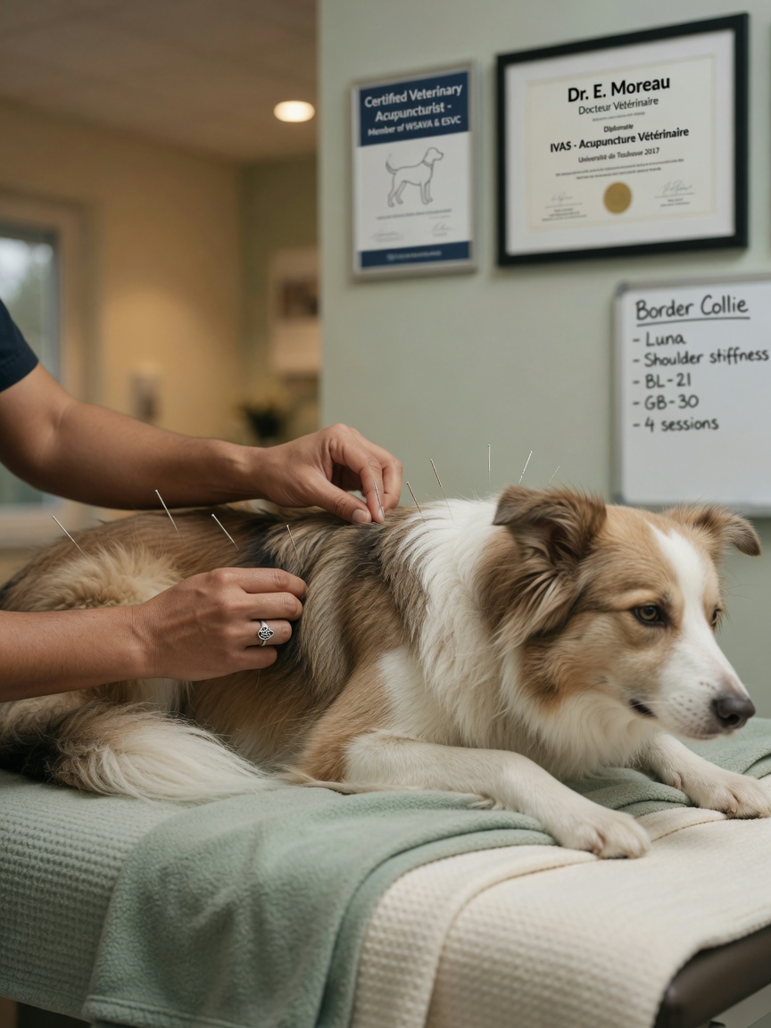 Qualified veterinarian performing acupuncture treatment on a relaxed border collie patient