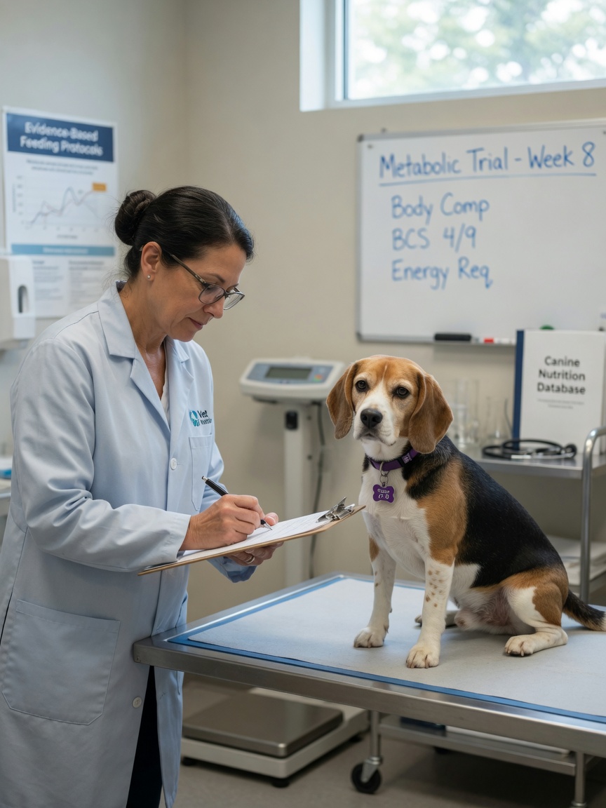 Veterinary nutritionist documenting observations during health assessment of healthy adult beagle on examination table