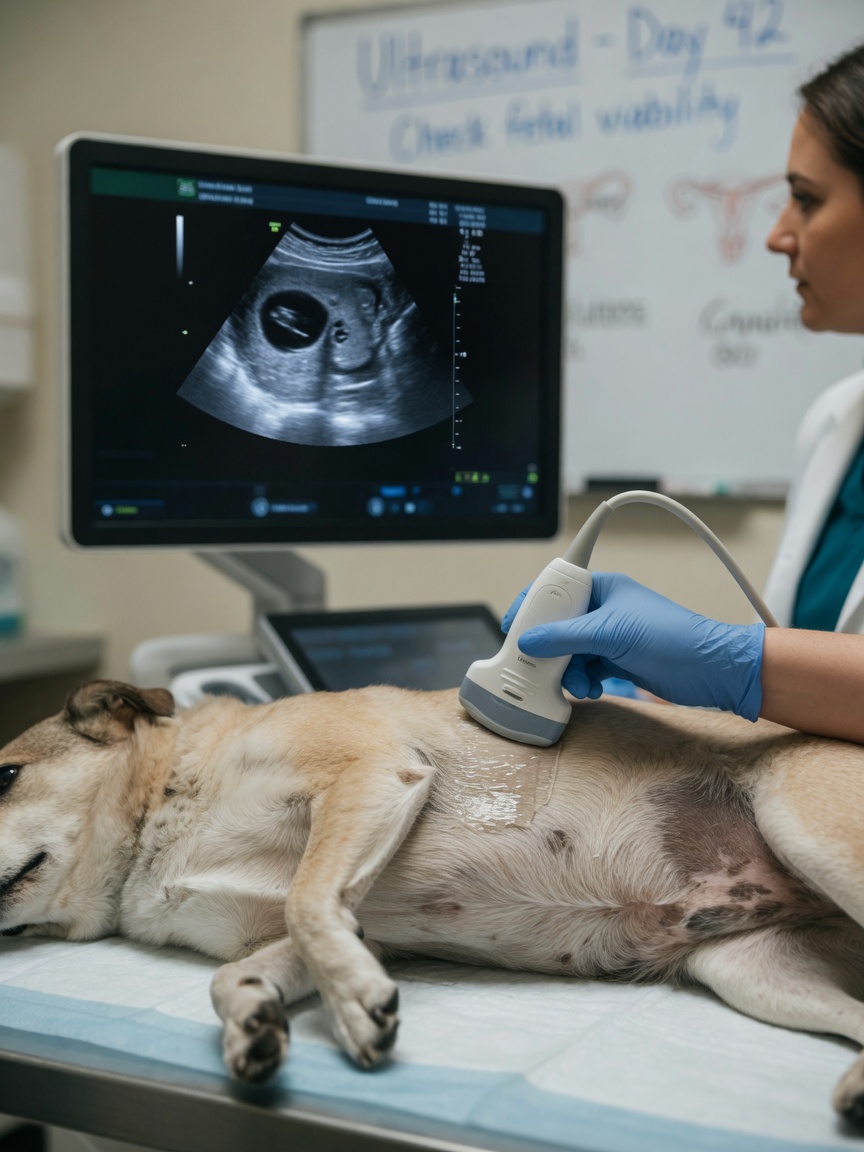 Veterinarian performing ultrasound examination to visualize internal reproductive structures during DSD diagnosis