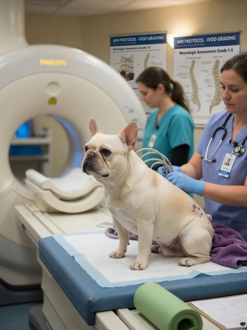 French Bulldog being prepared for MRI imaging to grade intervertebral disc disease severity