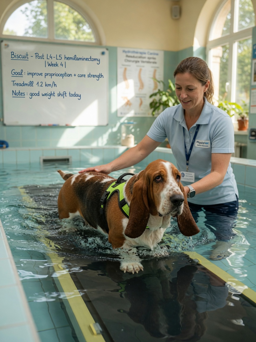 Basset Hound performing weight-bearing exercises on underwater treadmill during hydrotherapy recovery from IVDD