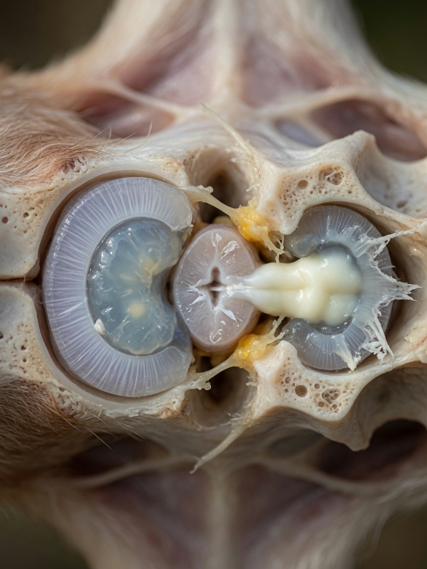 Anatomical cross-section of dog spine showing normal intervertebral disc and herniated disc compressing the spinal cord