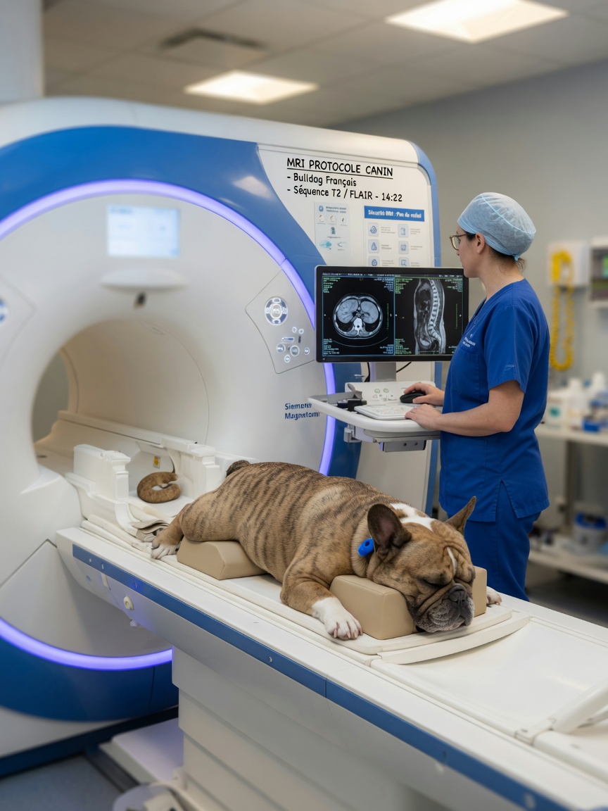 French bulldog undergoing MRI scan for intervertebral disc disease diagnosis and spinal cord imaging