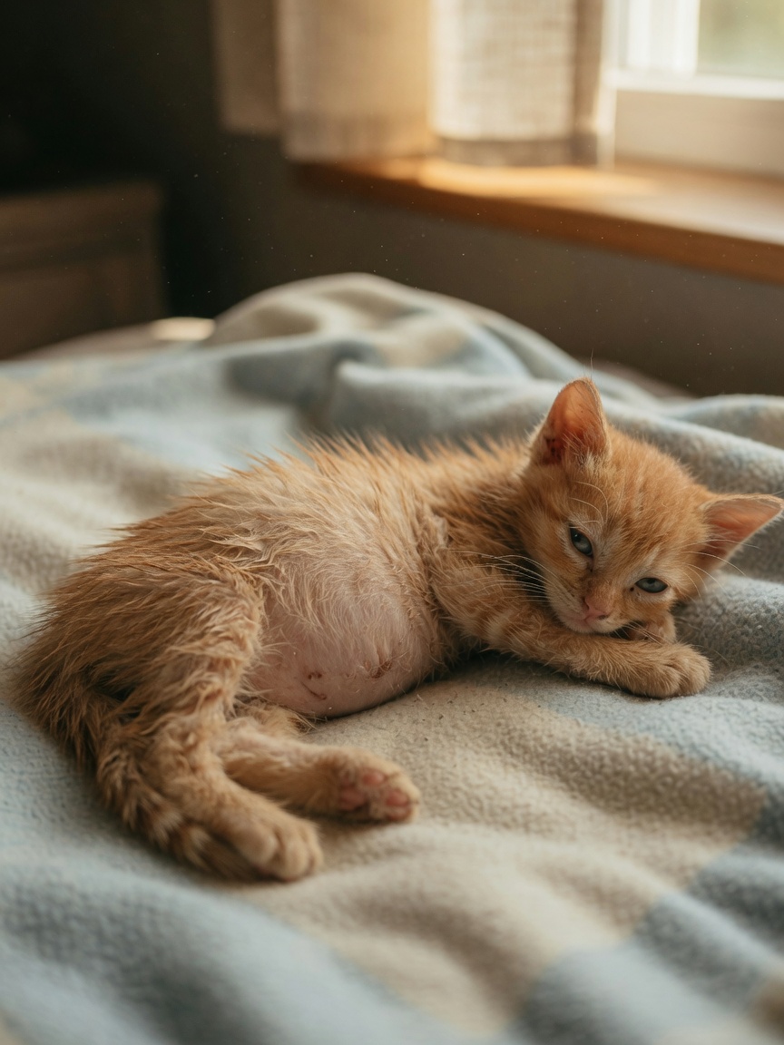 Young kitten with pot-bellied appearance showing signs of roundworm infection