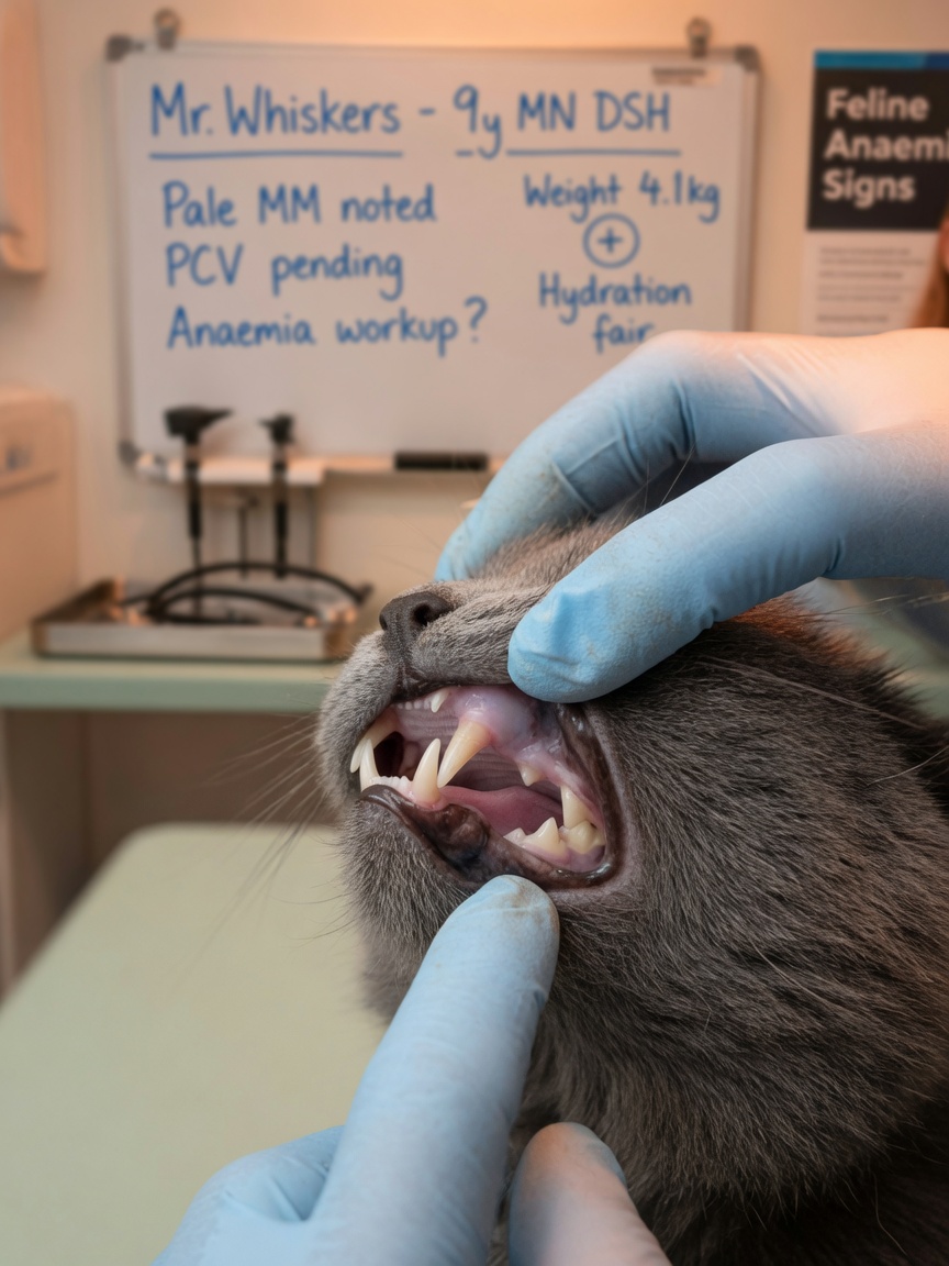 Veterinarian examining a cat's pale gums indicating hookworm-related anaemia