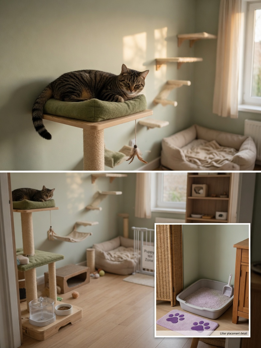 Cat resting safely on elevated shelving with baby gates and prepared safe zones visible in home below