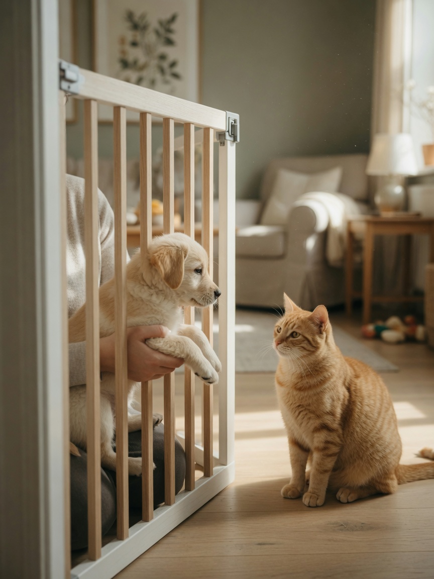 Puppy held calmly through baby gate with relaxed cat observing on other side during controlled introduction