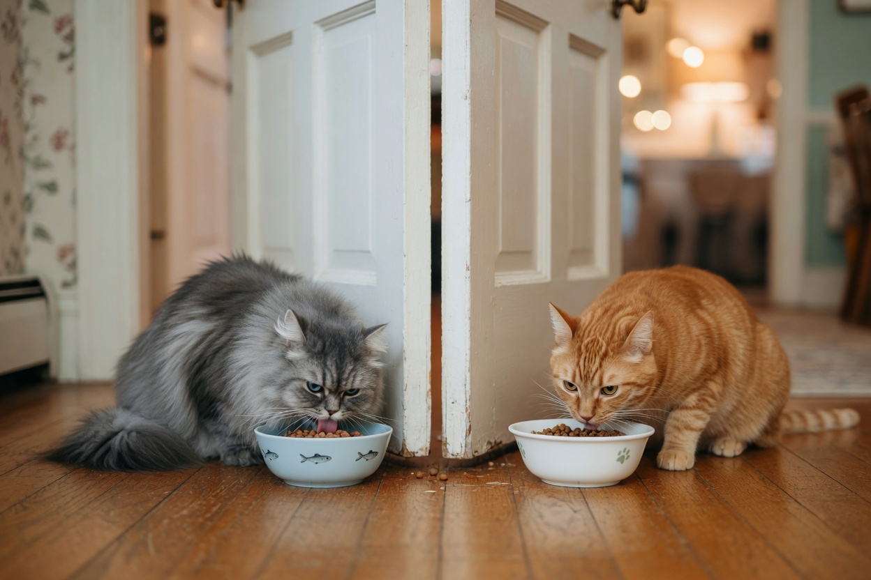 Two cats eating from bowls on opposite sides of a closed door during scent swapping