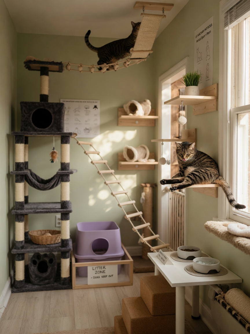 Katzenschutzraum mit erhöhtem Kratzbaum, Regalen und Katzenklo, positioniert außerhalb der Zugriffszonen des Hundes