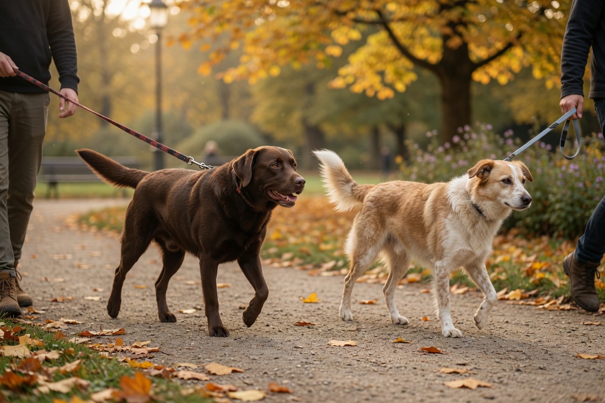Two dogs walking in parallel on a quiet path at a comfortable distance, both showing relaxed body language during structured introduction walk