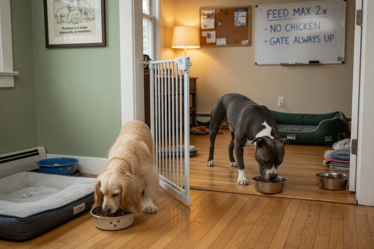 Two dogs feeding separately in different rooms divided by a baby gate, demonstrating proper resource management during the integration phase