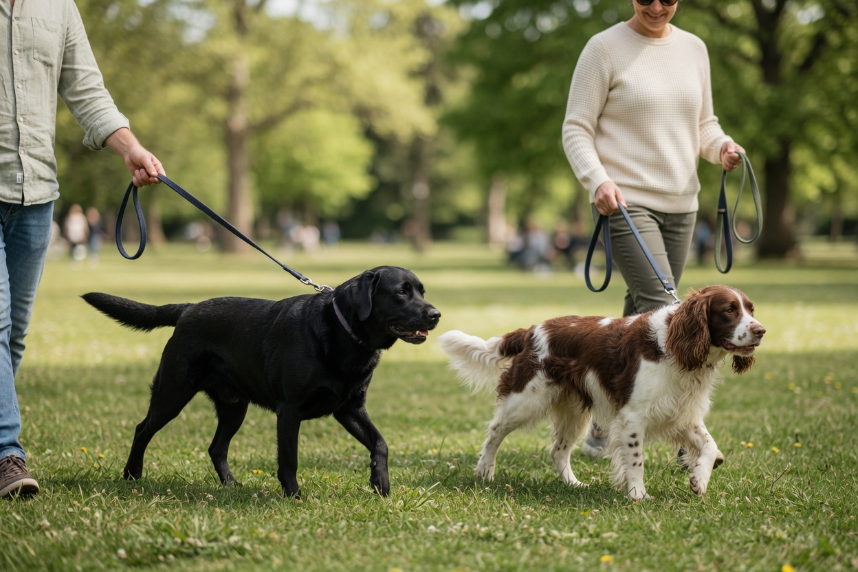 Due cani che camminano in parallelo con guinzagli allentati in un parco soleggiato durante un primo incontro pacifico.