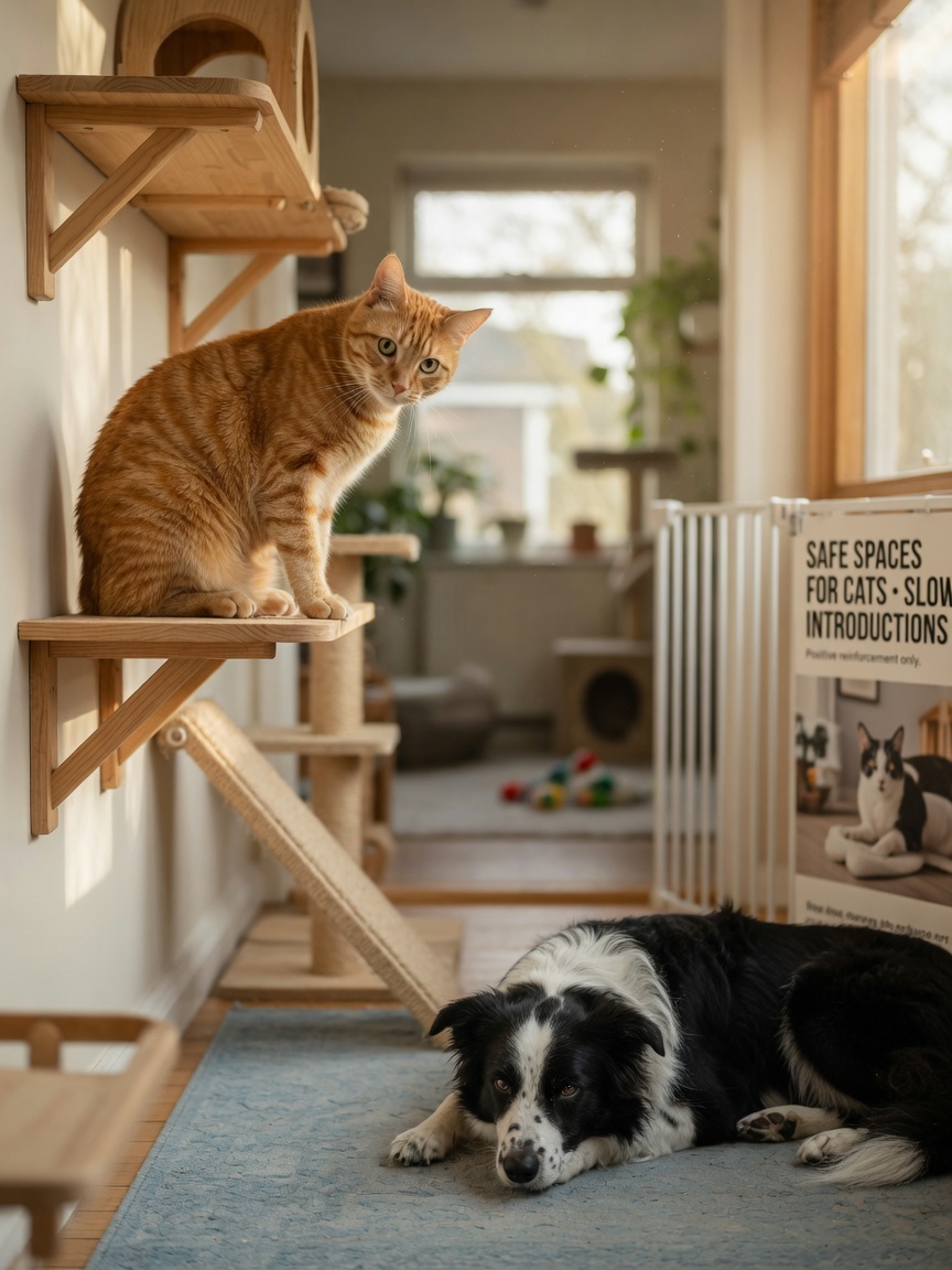 Un gatto che osserva da un'alcova elevata mentre un cane calmo riposa sotto, dimostrando un'introduzione sicura gatto-cane con vie di fuga disponibili.