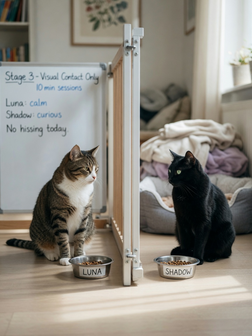 Twee katten gescheiden door een babyhekje observeren elkaar kalm met voerbakken aan tegenovergestelde zijden tijdens stap drie van kattenintroductie