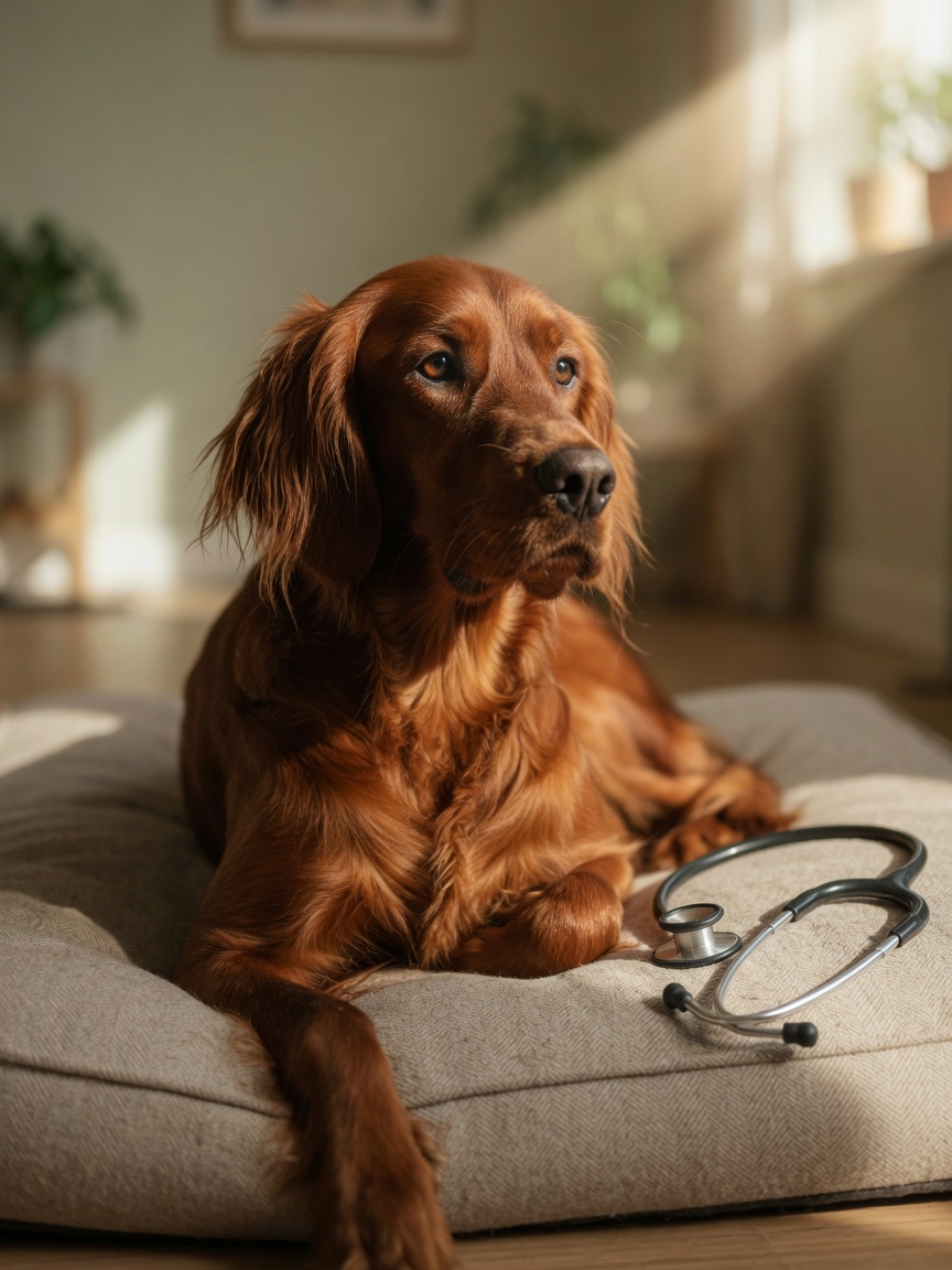 Irish Setter resting peacefully on a bed with veterinary stethoscope nearby, representing seizure monitoring