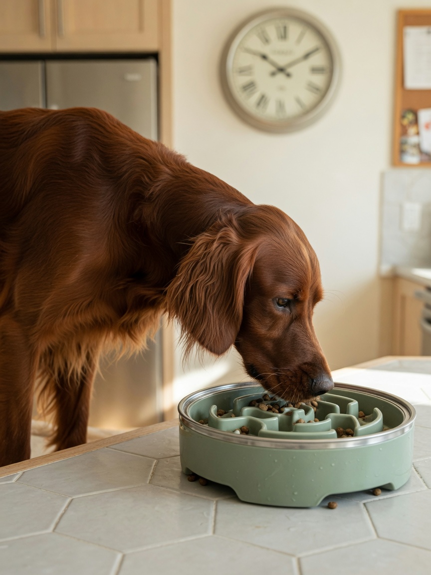 Irish Setter eating from slow-feeder bowl, demonstrating bloat prevention strategy for deep-chested breed