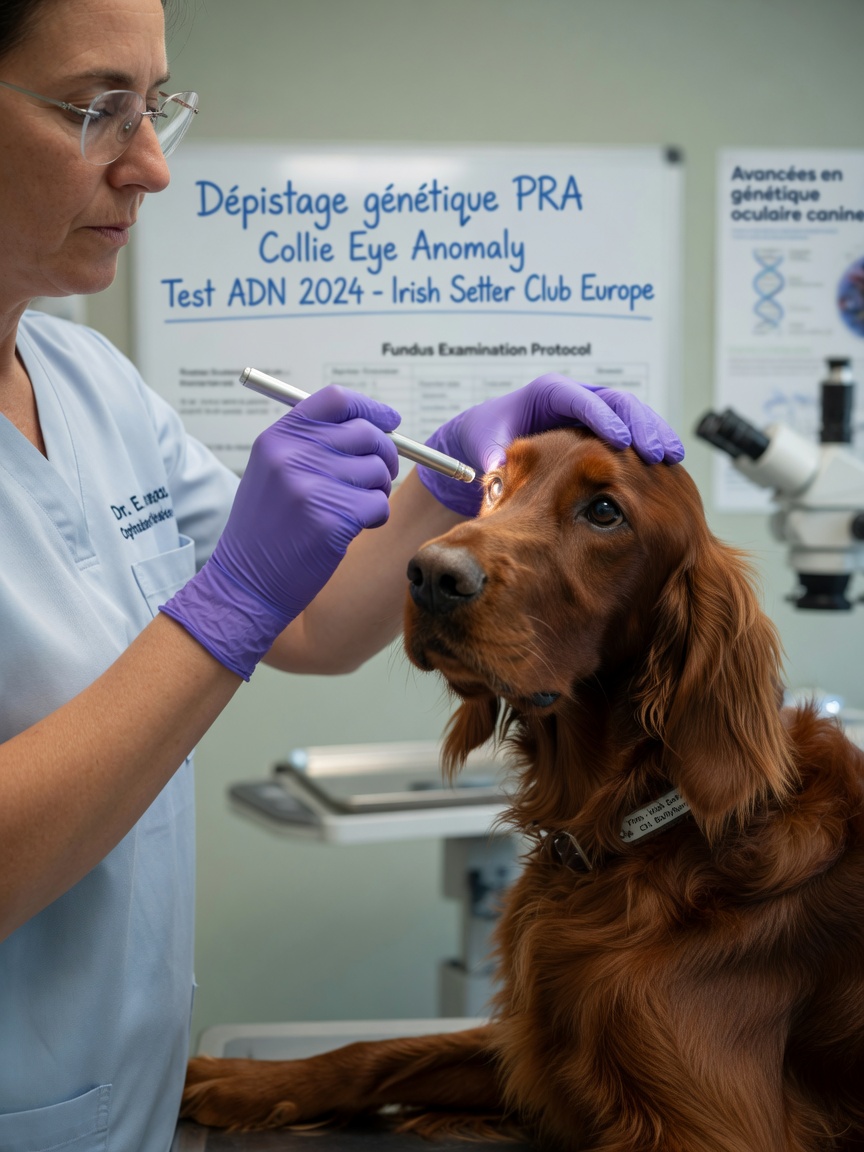 Veterinary ophthalmologist examining Irish Setter's eyes during genetic health screening