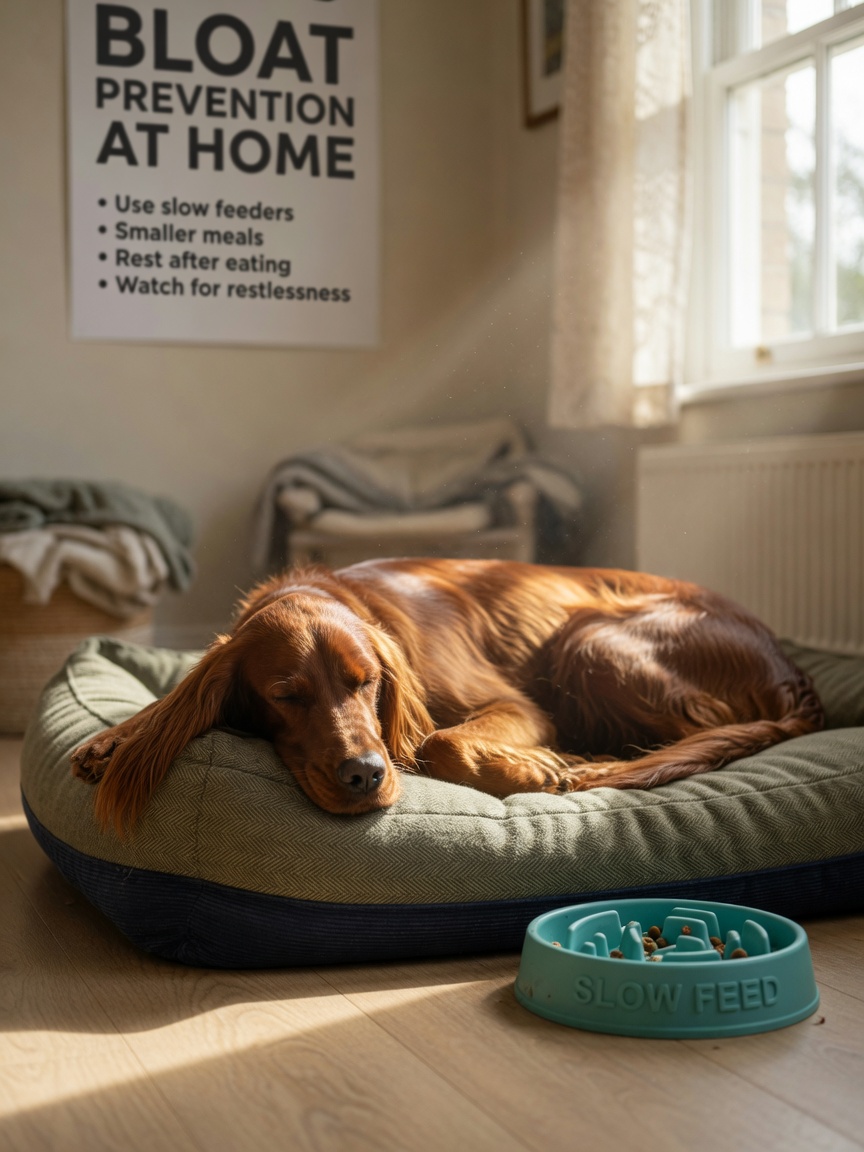 Irish Setter resting after meal using slow-feeder bowl for bloat prevention
