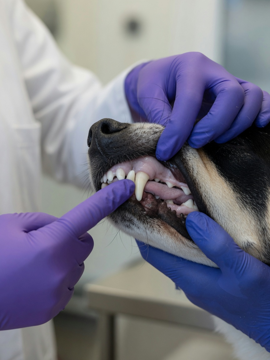 Close-up of a veterinarian examining pale gums in a dog with iron deficiency anaemia