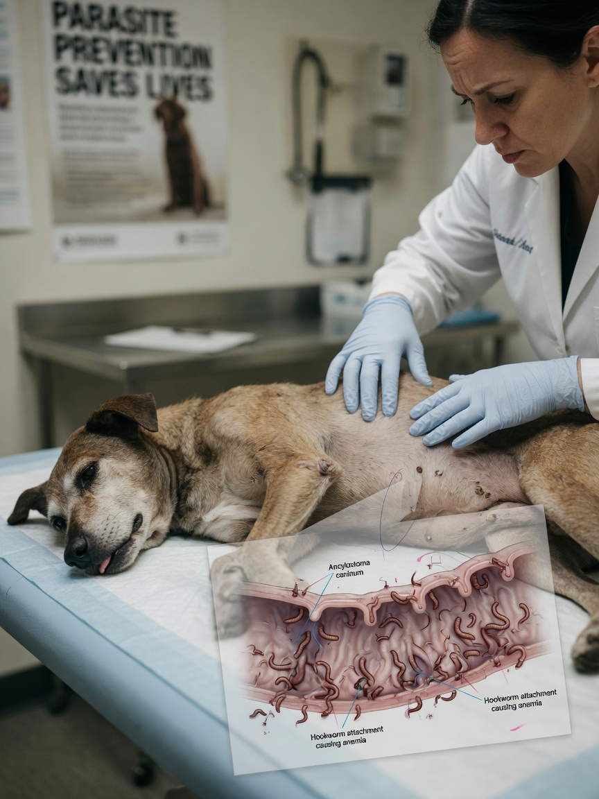 Veterinarian examining a dog for parasitic causes of iron deficiency anemia, illustrating intestinal parasites