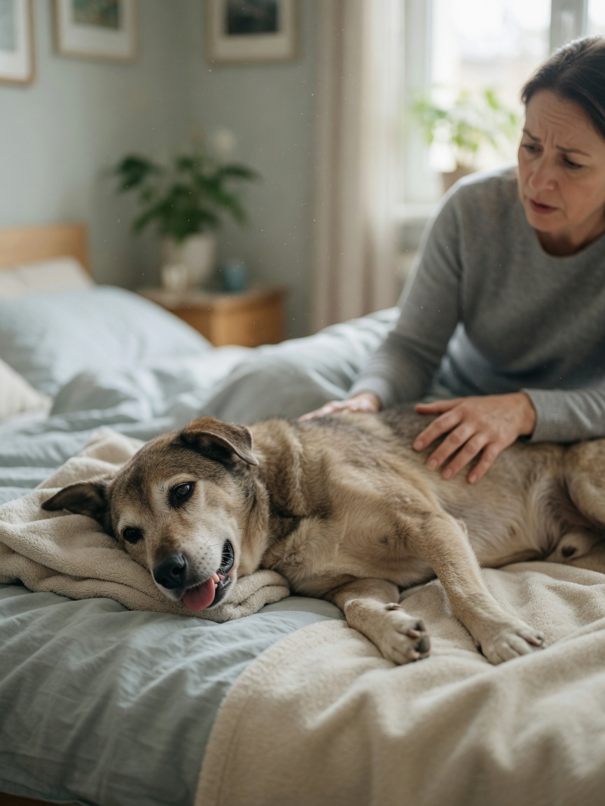 A fatigued dog showing signs of iron deficiency anemia including lethargy and weakness while resting with owner's hand