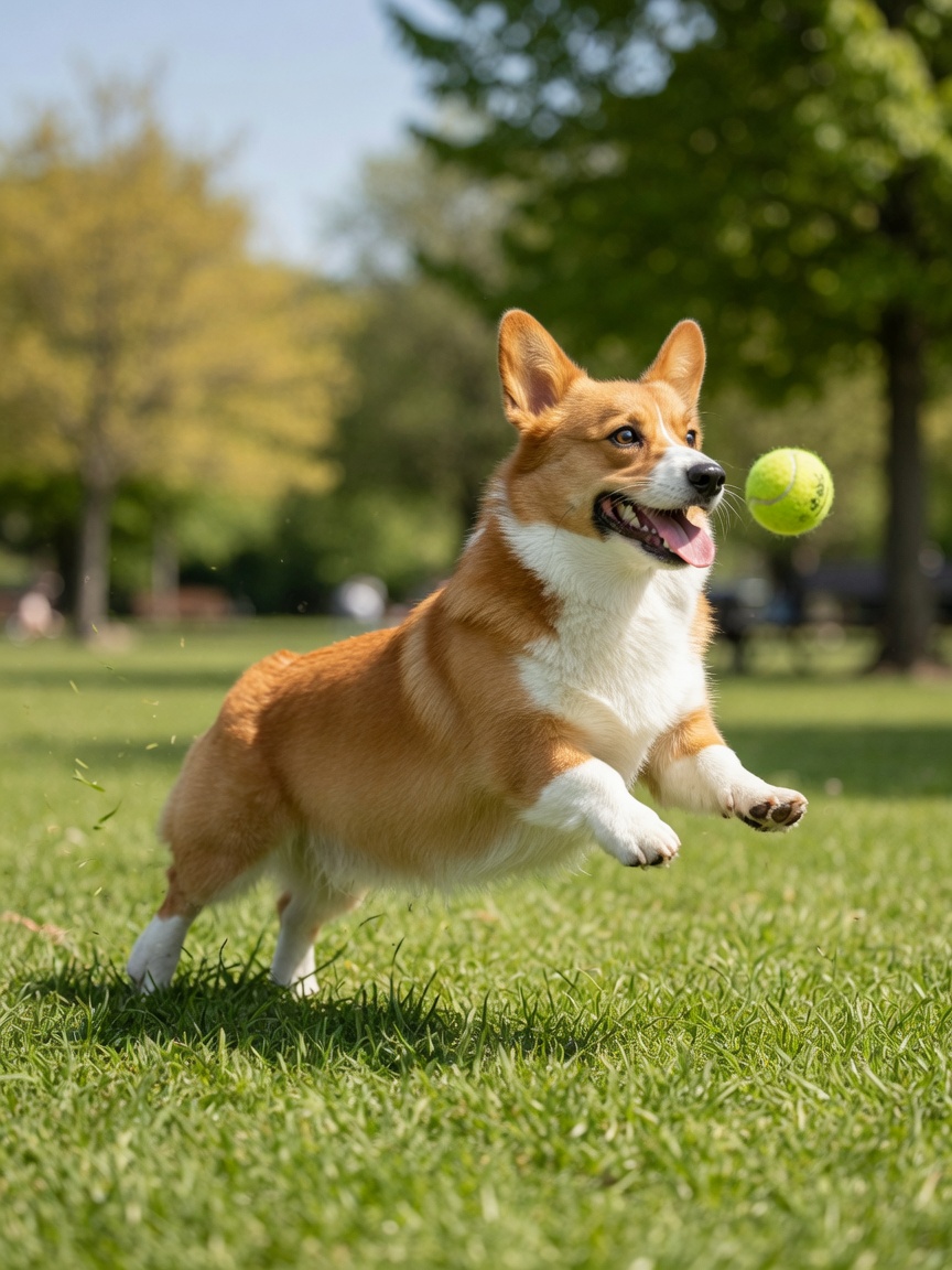 A red and white Corgi with pointed ears actively playing and running in a bright grassy park, demonstrating the breed's high energy levels