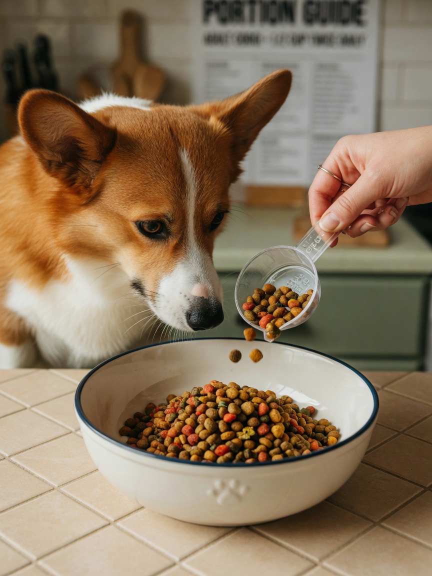 A red and white Corgi looking at a measured portion of dog food in a bowl, showing proper diet and portion control for weight management