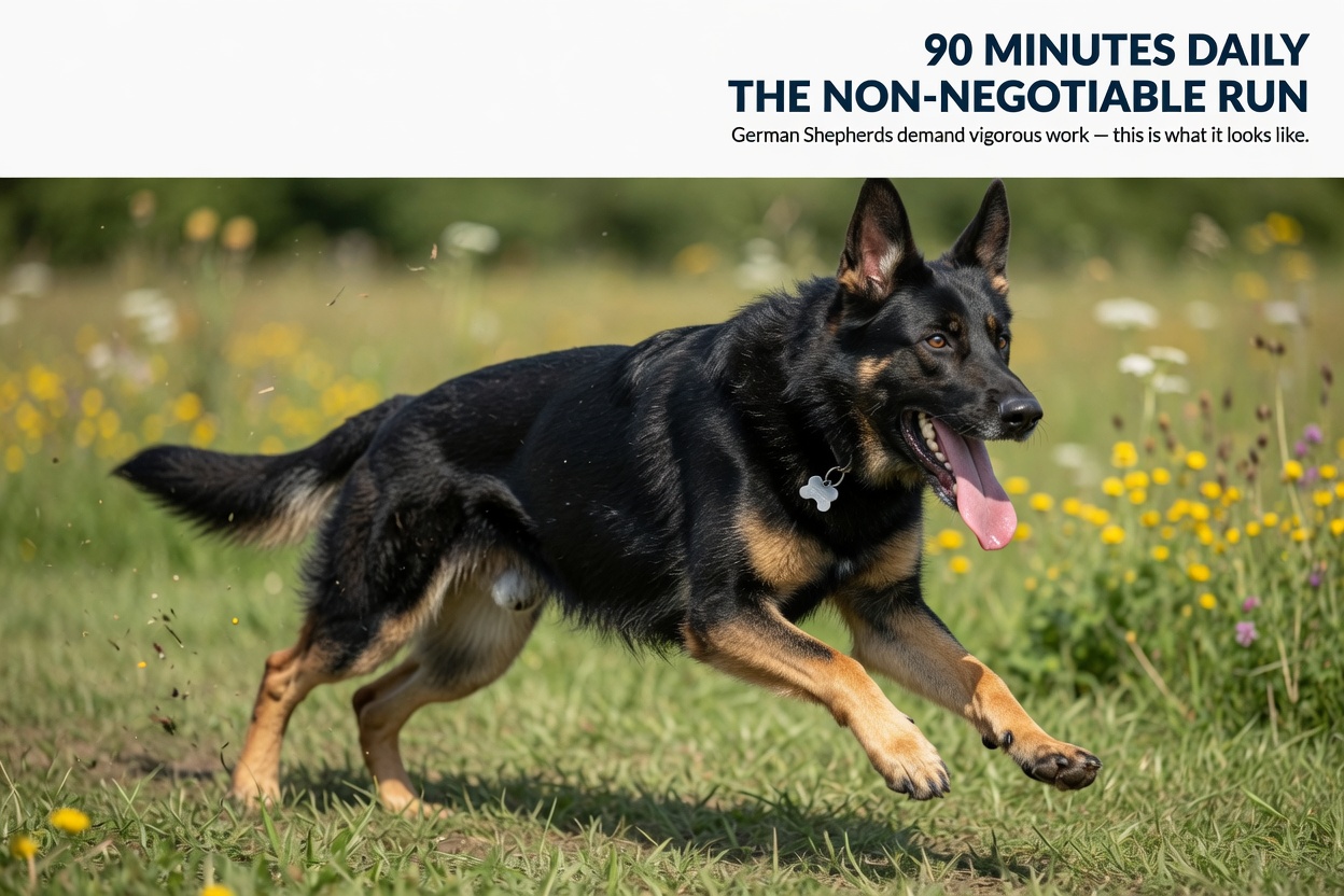 Black and tan German Shepherd running at full sprint through open field during vigorous daily exercise