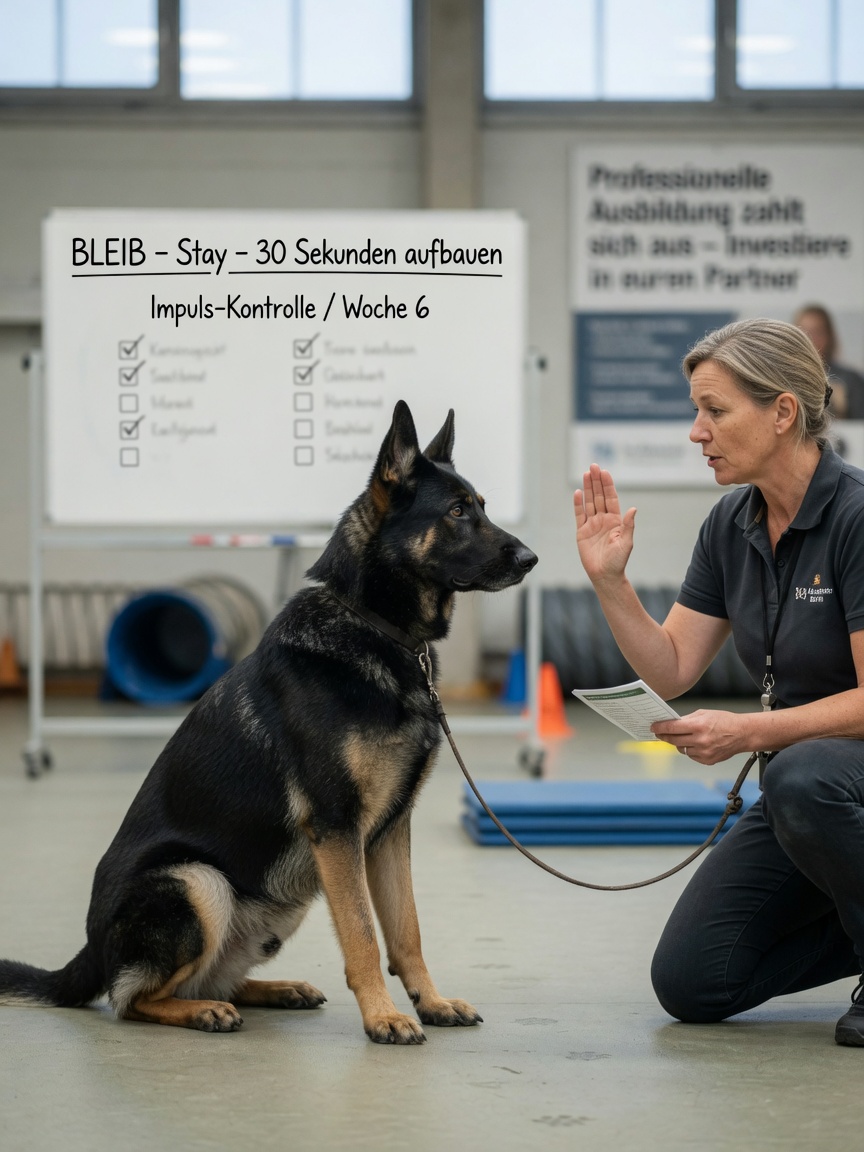 Professional dog trainer working with German Shepherd in indoor facility, demonstrating obedience training command