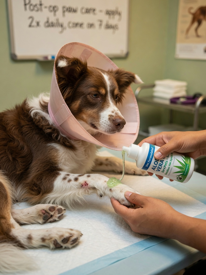 A dog wearing an Elizabethan collar on a vet table while clear aloe gel is applied to its paw by a veterinarian's gloved hands.