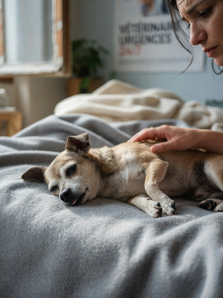Distressed small dog lying on a blanket with owner's hand providing comfort