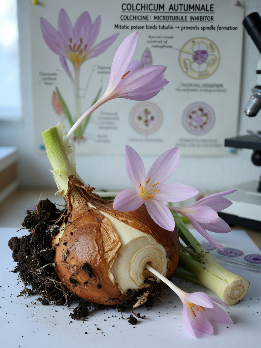 Close-up of autumn crocus bulb and plant parts showing the toxic corm
