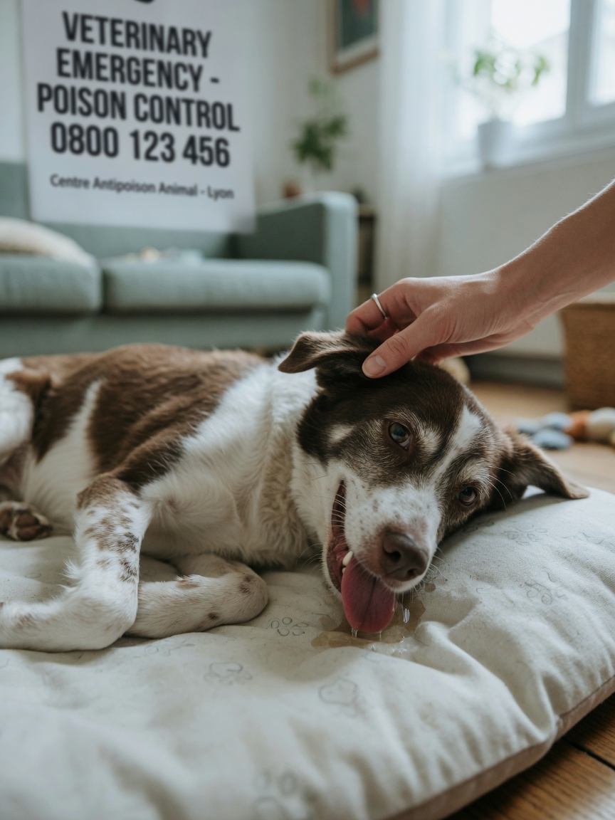 Ill dog lying on pet bed showing lethargy and drooling, with owner's comforting hand on its head, depicting azalea poisoning symptoms
