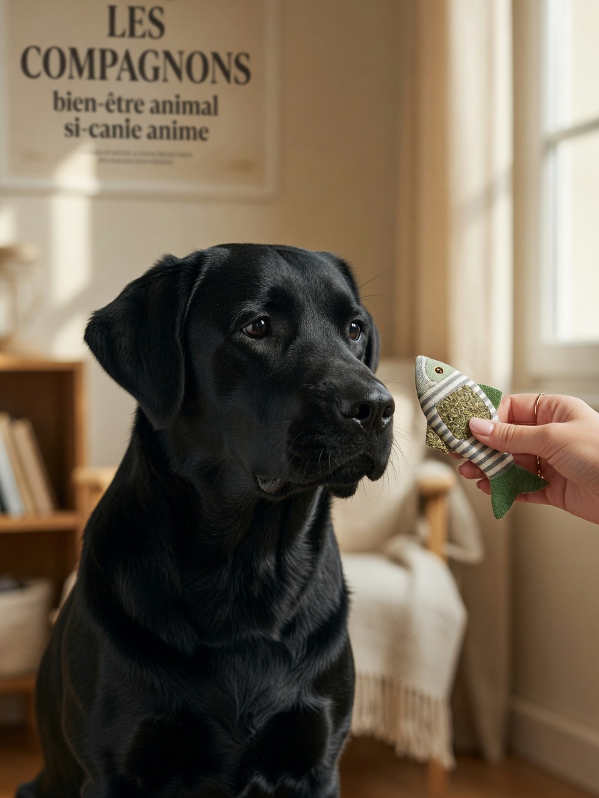 Black Labrador showing mild interest in catnip toy held by owner's hand, displaying calm body language