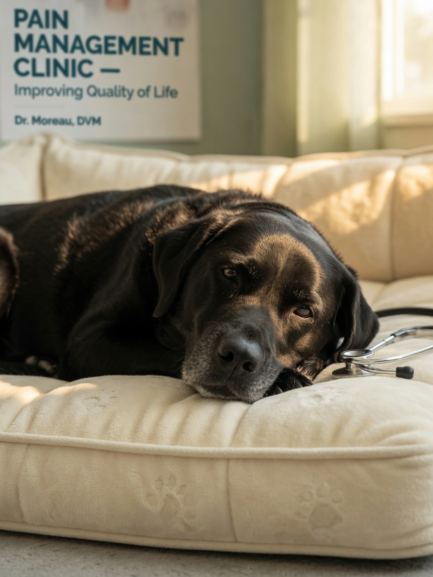 Elderly black Labrador Retriever resting peacefully on an orthopedic bed in warm sunlight, expressing calm and relief from potential therapeutic benefit.