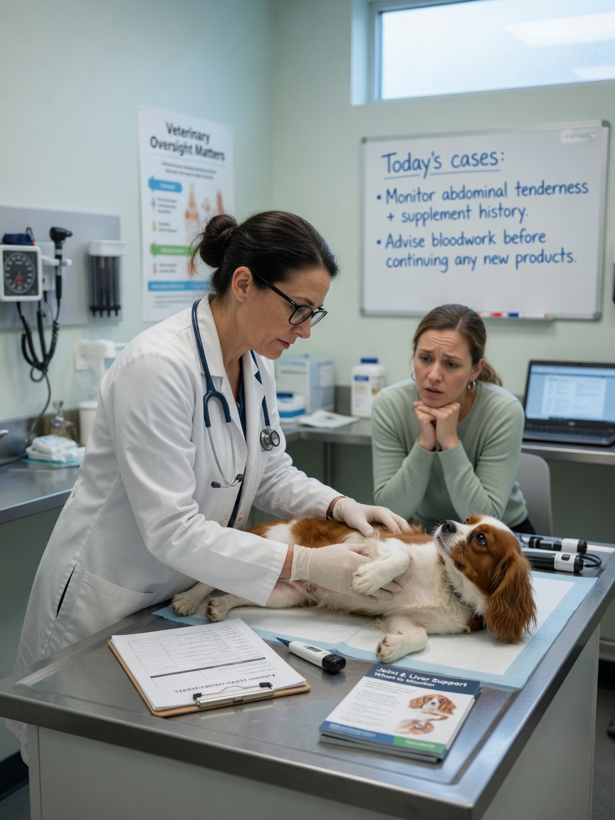 Veterinarian examining a brown-and-white spaniel on a clinic table whilst the concerned owner watches, emphasising the importance of professional medical oversight.