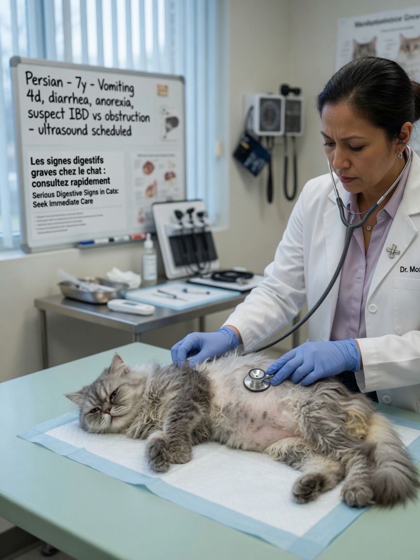 Veterinarian examining unwell grey Persian cat on examination table during digestive health consultation
