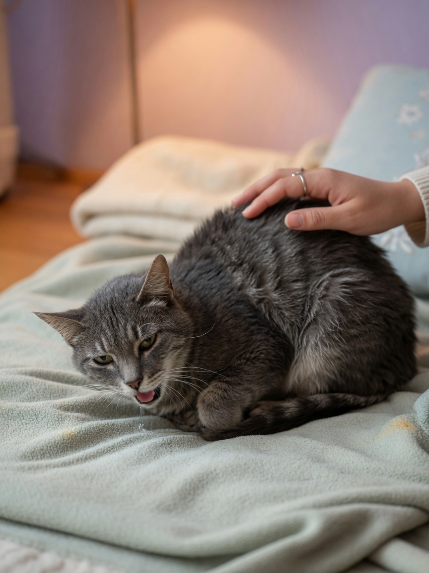 Sick tabby cat showing symptoms of poisoning with owner's comforting hand nearby
